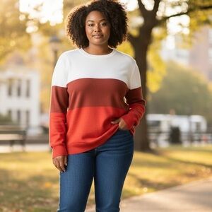 Retrology Sweater Orange/White Colorblock Crewneck in Sizes 1X & 2X  NWT